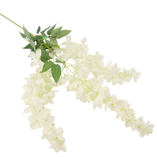 Gałązka kwitnąca biała o długości 110 cm z trzema odnogami kwiatowymi na białym tle. Sztuczny kwiat dekoracyjny do kompozycji florystycznych i dekoracji wnętrz.