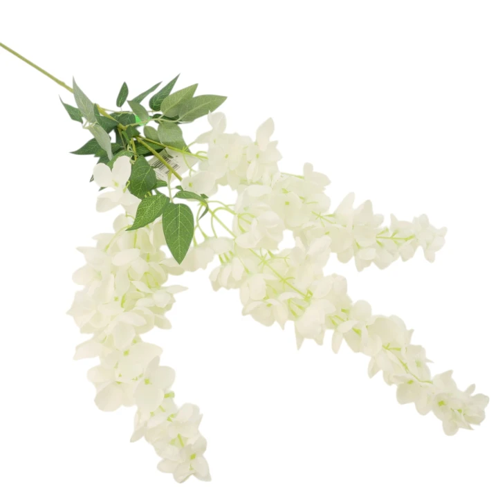 Gałązka kwitnąca biała o długości 110 cm z trzema odnogami kwiatowymi na białym tle. Sztuczny kwiat dekoracyjny do kompozycji florystycznych i dekoracji wnętrz.