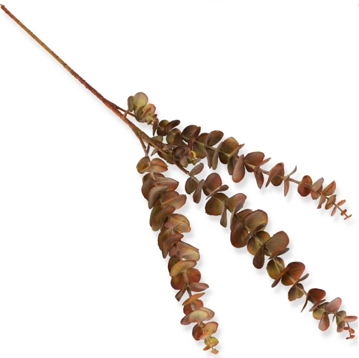 Gałązka Eukaliptus Guma o długości 80 cm z trzema rozgałęzieniami. Realistyczne sztuczne liście eukaliptusa do kompozycji florystycznych, dekoracji ślubnych, stroików oraz aranżacji wnętrz.