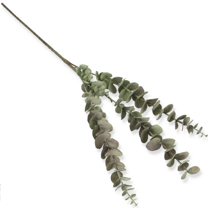 Gałązka Eukaliptus Guma o długości 80 cm z trzema rozgałęzieniami. Realistyczne sztuczne liście eukaliptusa do kompozycji florystycznych, dekoracji ślubnych, stroików oraz aranżacji wnętrz.