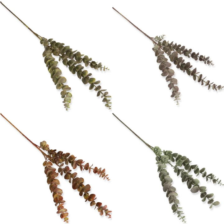 Gałązka Eukaliptus Guma o długości 80 cm z trzema rozgałęzieniami. Realistyczne sztuczne liście eukaliptusa do kompozycji florystycznych, dekoracji ślubnych, stroików oraz aranżacji wnętrz.