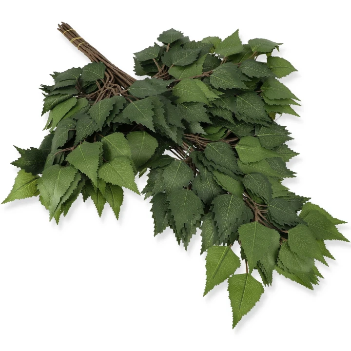 Sztuczne liście brzozy w naturalnym zielonym kolorze o długości 57 cm. Dekoracyjne gałązki sprzedawane w wiązkach po 12 sztuk do kompozycji florystycznych, ślubnych i nagrobnych.