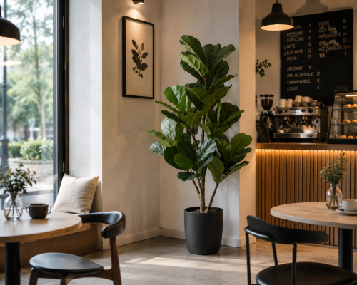 Sztuczny fikus dębolistny o wysokości 120 cm w czarnej donicy z dużymi, realistycznymi liśćmi. Dekoracyjna roślina do salonu, biura, hotelu i restauracji.