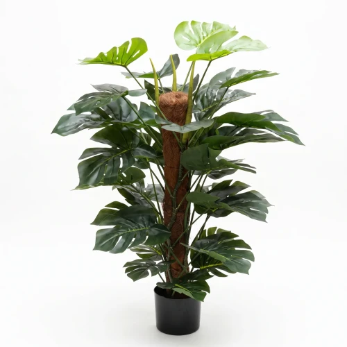 Sztuczna monstera o wysokości 115 cm z dużymi, realistycznymi liśćmi w czarnej donicy. Dekoracyjna roślina do salonu, biura, hotelu i restauracji..webp