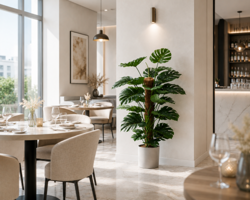 Sztuczna monstera o wysokości 115 cm z dużymi, realistycznymi liśćmi w czarnej donicy. Dekoracyjna roślina do salonu, biura, hotelu i restauracji.