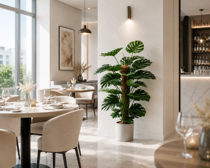 Sztuczna monstera o wysokości 115 cm z dużymi, realistycznymi liśćmi w czarnej donicy. Dekoracyjna roślina do salonu, biura, hotelu i restauracji.