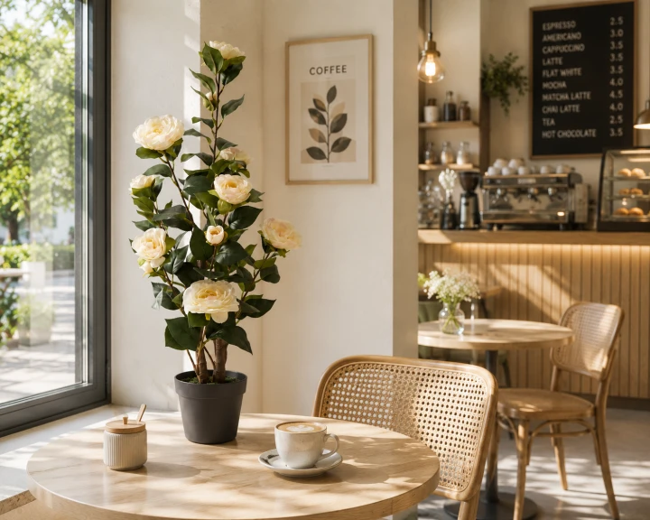 Sztuczna róża w doniczce o wysokości 76 cm z realistycznymi kremowymi kwiatami i zielonymi liśćmi. Elegancka dekoracja do salonu, biura, hotelu oraz restauracji.