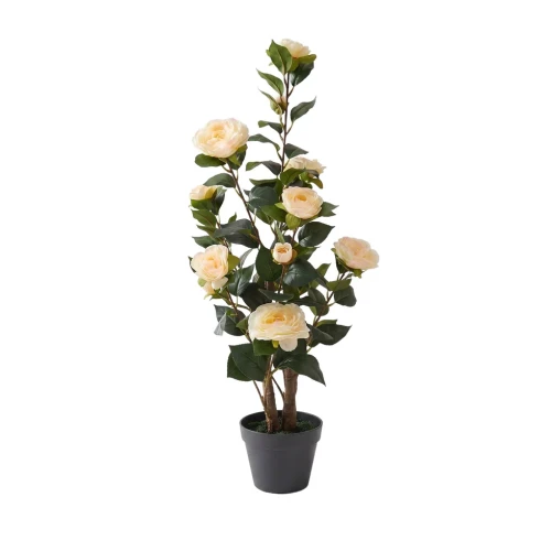 Sztuczna róża w doniczce o wysokości 76 cm z realistycznymi kremowymi kwiatami i zielonymi liśćmi. Elegancka dekoracja do salonu, biura, hotelu oraz restauracji..webp