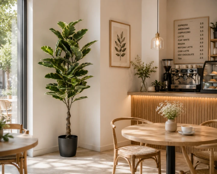 Sztuczny fikus Elastica o wysokości 125 cm z dużymi, dwukolorowymi liśćmi w czarnej doniczce. Dekoracyjna roślina do salonu, biura, hotelu oraz restauracji.