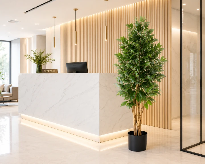 Sztuczny fikus Benjamin o wysokości 140 cm z gęstą koroną i realistycznym splecionym pniem w czarnej doniczce. Elegancka roślina dekoracyjna do salonu, biura, hotelu oraz restauracji.