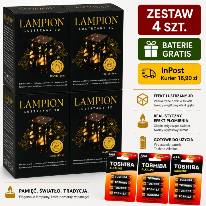 Zestaw 4 lampionów lustrzanych 3D 15 cm z bateriami gratis