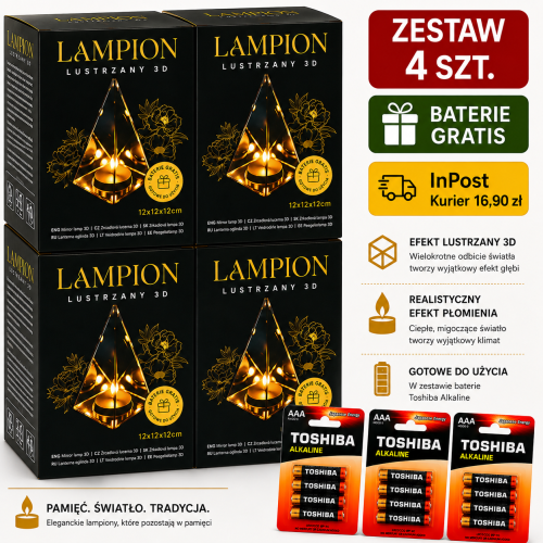 Zestaw 4 lampionów lustrzanych 3D trójkątnych 20 cm z bateriami gratis