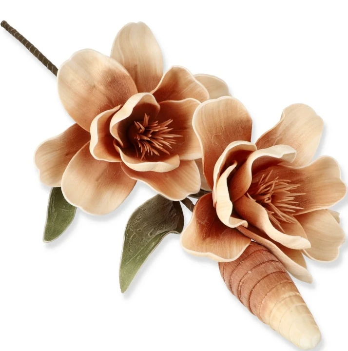 Magnolia piankowa gałązka 100 cm – 2 kwiaty + pąk — kremowo-rudy