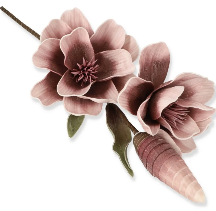 Magnolia piankowa gałązka 100 cm – 2 kwiaty + pąk — pudrowy róż